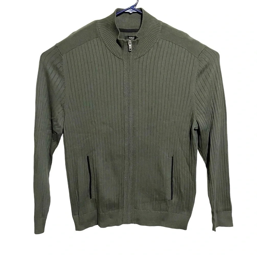 NWT ALFANI Men's Full Zip Up Ribbed Nordic Forest Green Sweater Cardigan Size XL